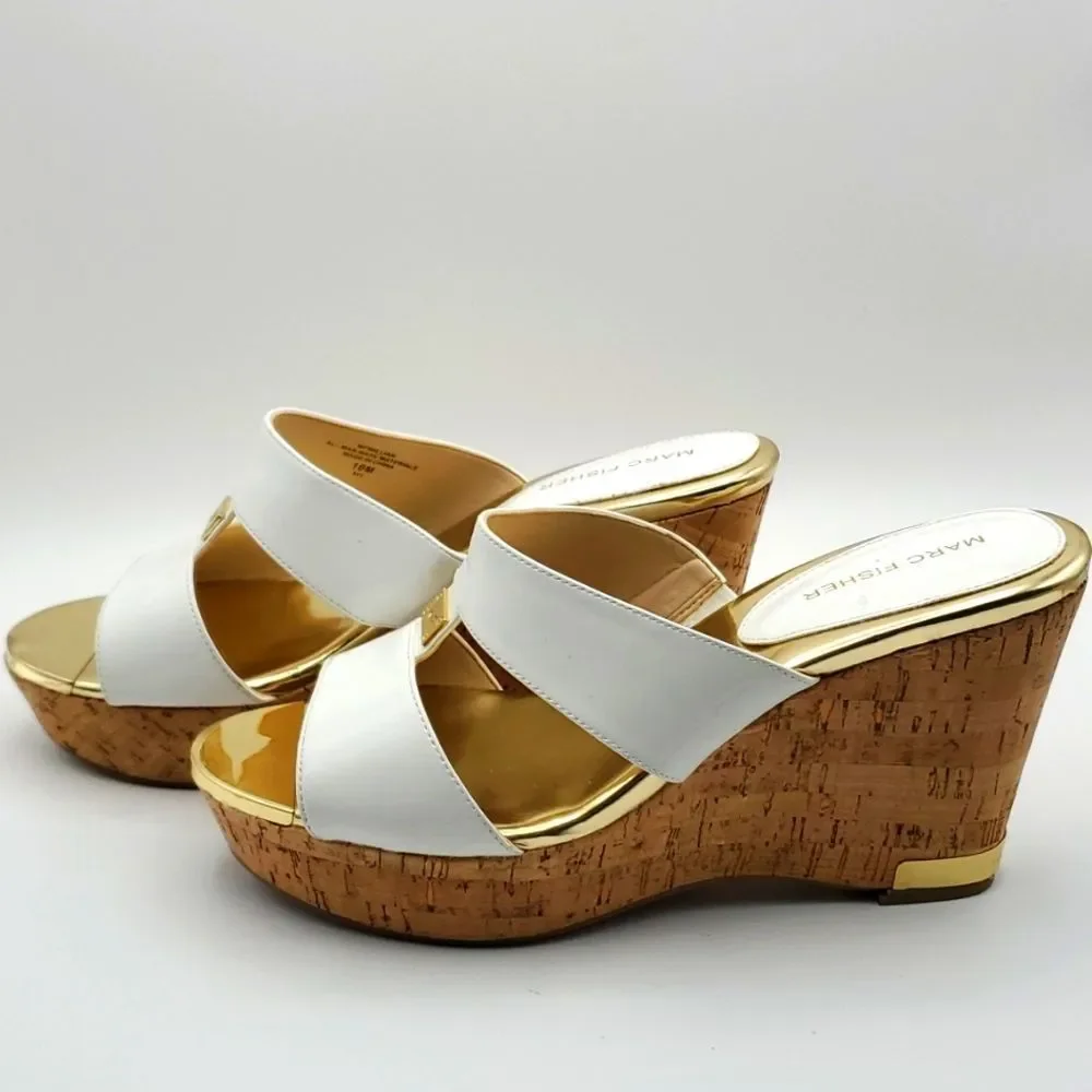 MARC FISHER White and Gold‎ Wedge Sandals. SIZE 10M. S855